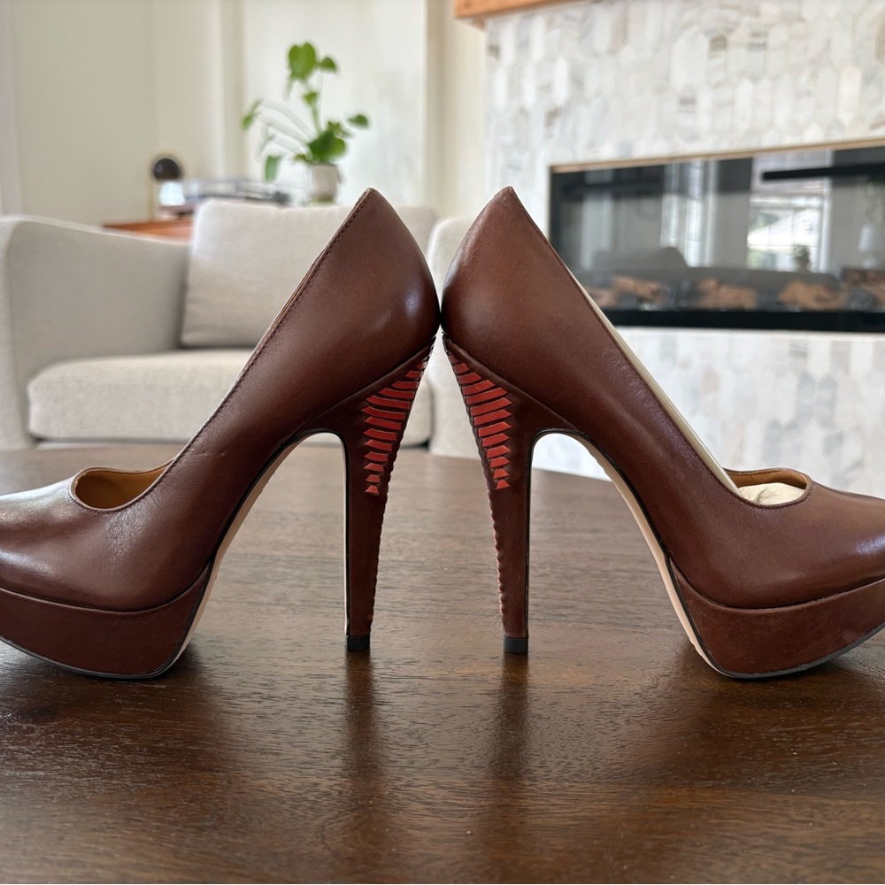 Vince Camuto Brown Leather Platform Pumps with Red Heel Detail